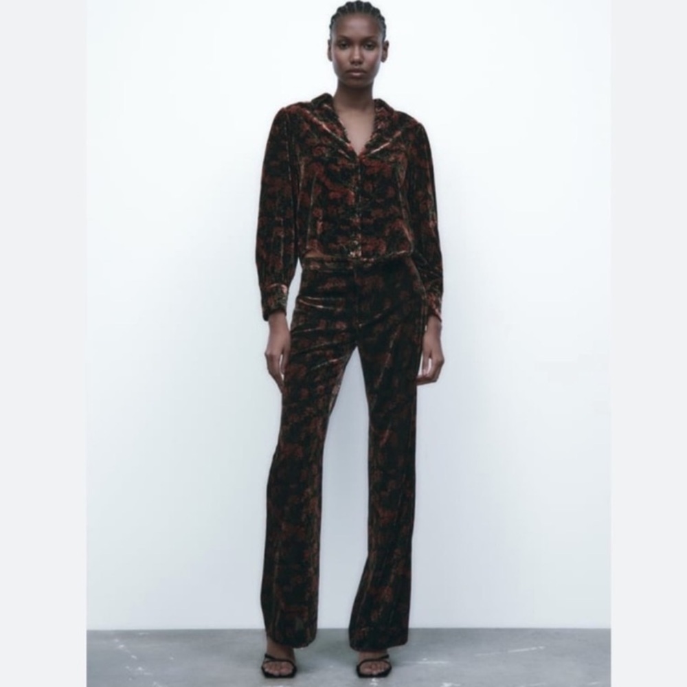 Zara womens small black floral velvet Charlotte pant flared leg dress pants NWT